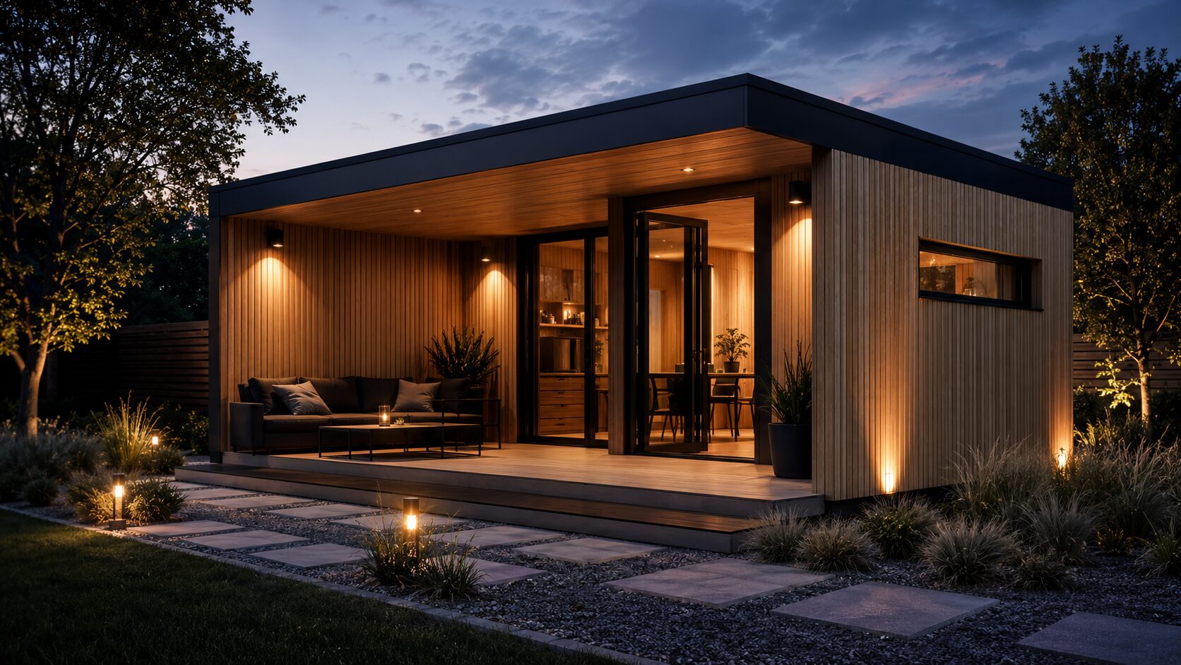 Moderný Nordic House modul medzi pínmi pri súmraku