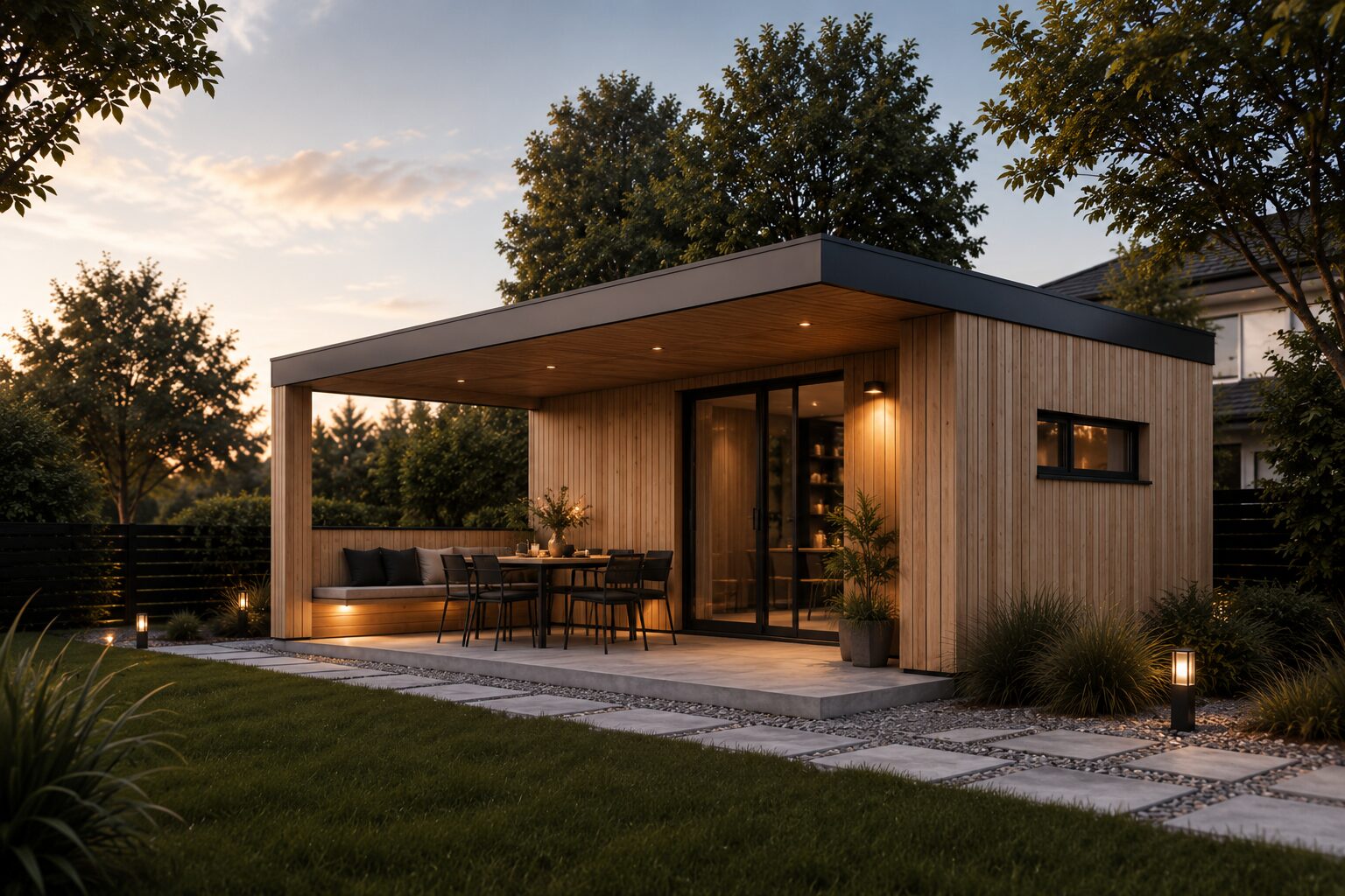 Nordic House modul nasvietený v noci